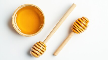 Honey with Wooden Dipper, Isolated on White Background, Top View