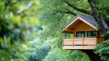 Secluded wooden treehouse nestled amidst lush greenery
