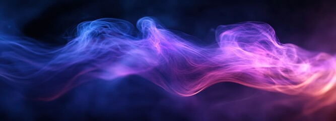 Obraz premium Thick smoke swirls softly, infused with glowing violet beams that create an enchanting and atmospheric effect, illuminating the surrounding darkness