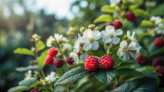 Farm scene featuring blackberry flowers and ripe fruits