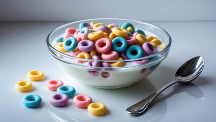 Colorful cereal loops with milk served on a white surface