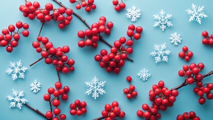 Collection of snowflakes and red berries on a light blue surface. Flat lay, top-down view, space for copy.