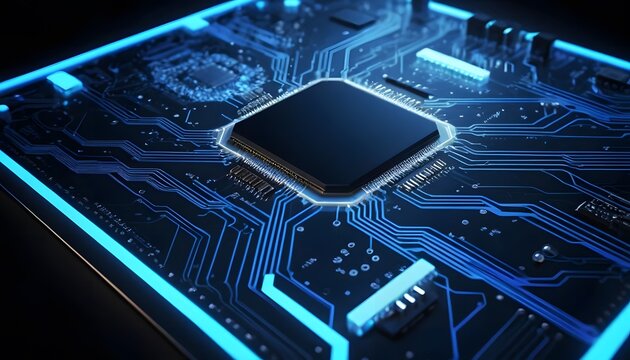 Glowing Blue Circuit Board with Central Processor