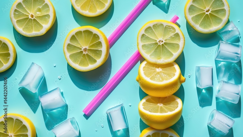 Poster top-down view of a refreshing drink arrangement with lemon slices and ice cubes.