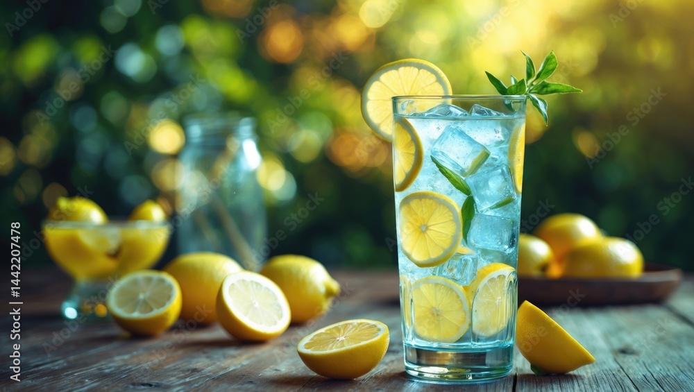 Poster icy freshly squeezed lemonade and fruits displayed on a table. space available for text