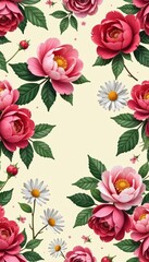 Aesthetic vintage bouquet of peonies, roses, and daisies in seamless pattern, design, blooms, retro
