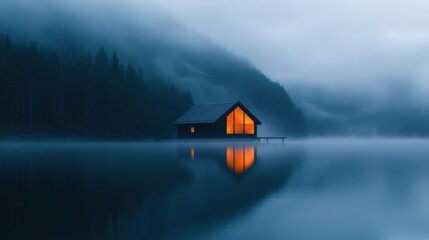 Fototapeta premium Cabin glows in misty water