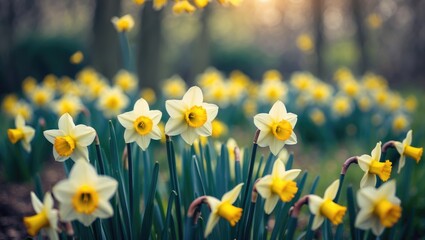 Fototapeta premium Blurred Background of Daffodils in Bloom Under Gentle Natural Light