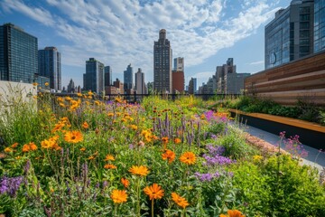 Vibrant rooftop garden oasis with wildflowers against urban skyline