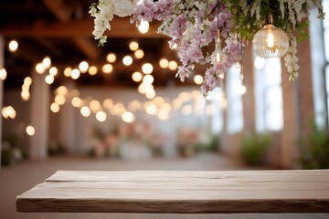 Wooden table for product placement in decorated indoor wedding or anniversary venue in beige tones with hanging flowers and warm bokeh string lights