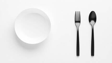 A white plate and black fork and spoon on a white background.
