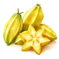 Watercolor Star Fruit Painting Ripe Yellow Fruit Slices