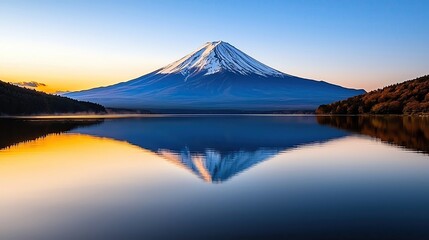 Majestic Mount Fuji reflected perfectly in a calm lake at golden hour realistic photo award winning style