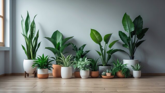 Assortment of attractive houseplants situated on the floor against the wall. Space available for text