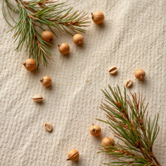 Natural arrangement of pine branches and small wooden beads creates calming and serene atmosphere, perfect for cozy home decor or craft project