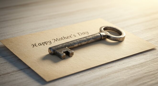 A vintage key lays across a Mother's Day card on a wooden surface.