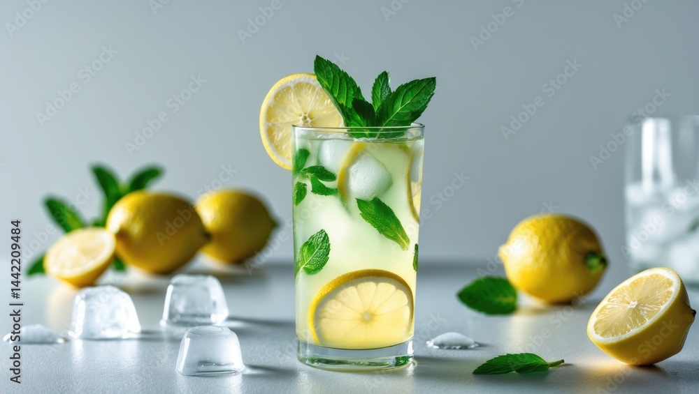 Poster cool lemonade made from scratch with ice and fruit displayed on a table