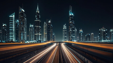 Futuristic Dubai Skyline at Night with Light Trails - High-Speed Long Exposure Cityscape