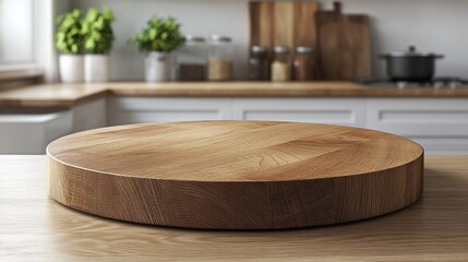 Bright and clean kitchen showcases a stunning round wood tabletop counter, perfect for showcasing products in an elegant and inviting setting. Ideal for display or promotional use