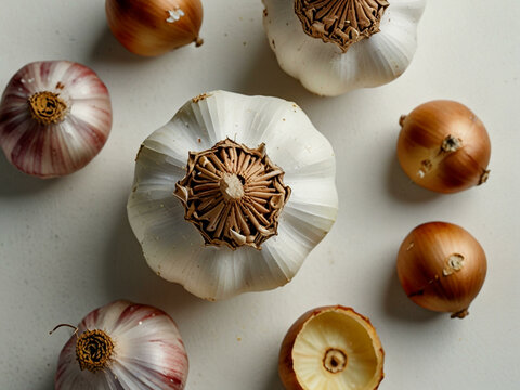 Top view of garlic and onions