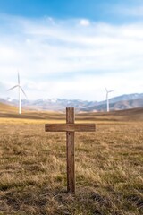 A wooden cross is standing in a field with two wind turbines in the background