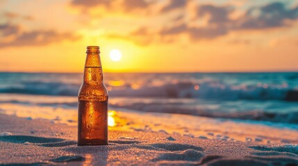 Refreshing Beverage at Sunset on Beach with Waves and Warm Light