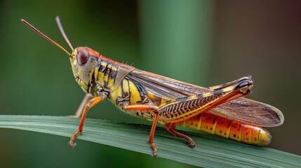 Fototapeta premium Colorful Grasshopper on Green Leaf