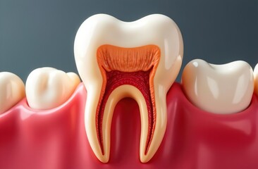 gum with teeth in the section. Teeth have caries and dark spots. Dental diseases. Treatment of pulpitis. advertising of a dental clinic. medical concept.