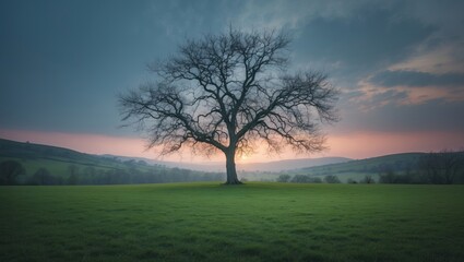 Fototapeta premium Landscape with an Oak tree at Sunrise in a Nature Reserve.