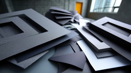 Obraz premium Artistic black and white paper cutouts and frames with textured surfaces on modern desk