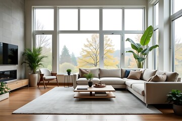 Fototapeta premium Serene Modern Living Room with Large Windows and Natural Light, Minimalist Decor, and Autumn View, showcasing bright and inviting open-concept home interior.