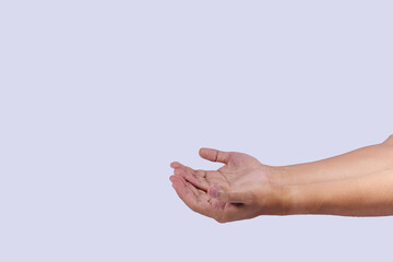 Asian man two hand open up upward isolated. Receive, give, hold, bring, present, show hand gesture