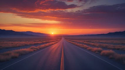 Fotobehang Desert landscape featuring a sunset at the road's conclusion © NeuralNiche