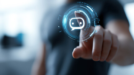 A chat with AI or Artificial Intelligence technology. Man touching chatting virtual with an intelligent artificial intelligence asks for answers he wants. Smart assistant futuristic, Chatbot