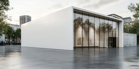 Modern white building with glass windows and concrete walls, a large open space for an art gallery or cultural center in downtown city, surrounded by urban buildings