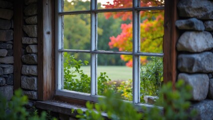 Stone ranch structure with window frame in front of trees adorned with vivid leaves