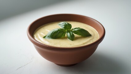 Savory basil cheese sauce served in a bowl isolated on white
