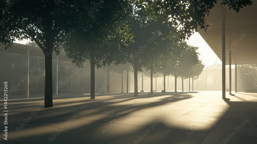 Poster a serene park scene with a long row of trees casting shadows on the ground.