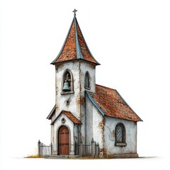 Fototapeta premium Weathered Stone Church with Reddish Brown Roof and Bell Tower