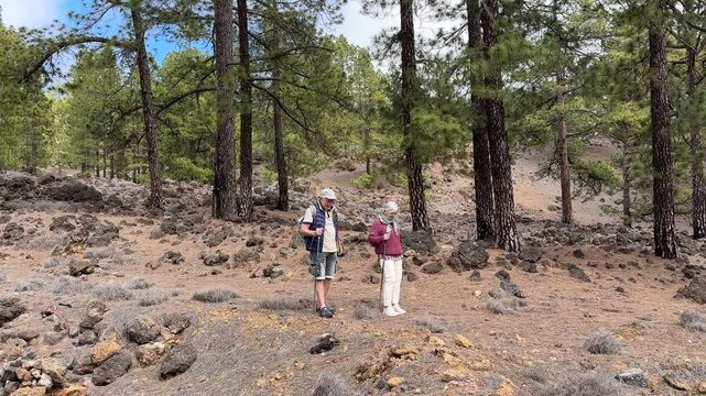 Senior couple hiking together in the mountains, enjoying nature, active retirement, healthy lifestyle, and quality time outdoors. Mature love, travel, freedom, and vitality during a peaceful mountain 