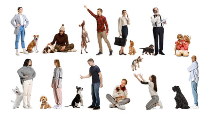 Collage of different people, men, women and children standing, sitting, interacting with dogs of various breed against white background. Concept of human animal bond, care