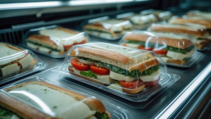 Individual packaging of sandwiches with mozzarella, tomatoes, and pesto