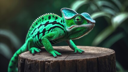 Fototapeta premium Detailed image of a common chameleon, a member of the lizard family, in close-up.