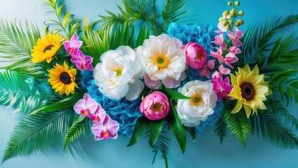 Flat lay of tropical palm leaves and orchid flowers for a summer party backdrop.