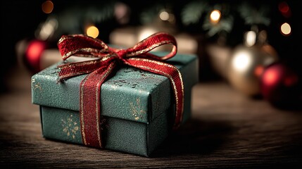 Green Present with Red Bow by Christmas Tree, Wooden Table, and Ample Text Space for Holiday Banner Design