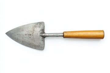 Weathered garden trowel with wooden handle isolated on white background Perfect for gardening