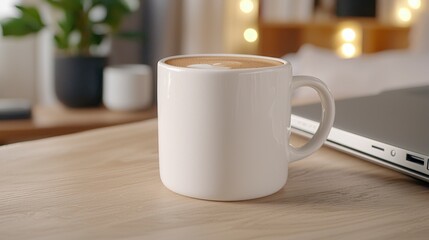Obraz premium White Coffee Mug on Wooden Table with Laptop