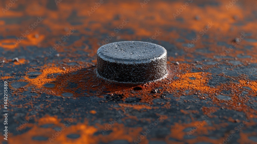 Poster a close-up view of a metallic object with a rough, textured surface, set against a backdrop of orang