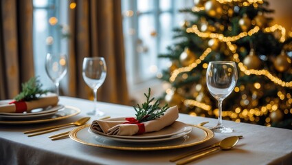 Elegant gold-colored table setting with a decorated tree backdrop