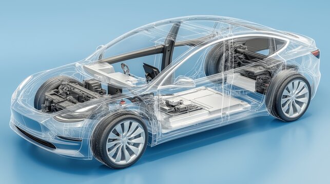 Wireframe of futuristic car concept with blue background. Futuristic digital wireframe of car concept with blue background. Electric EV car charging at charging station